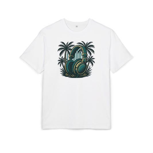 Retro T-Shirt mit Kopfhörer & Palmen (Brustprint)– Musik & Beach Vibes im Vintage Look