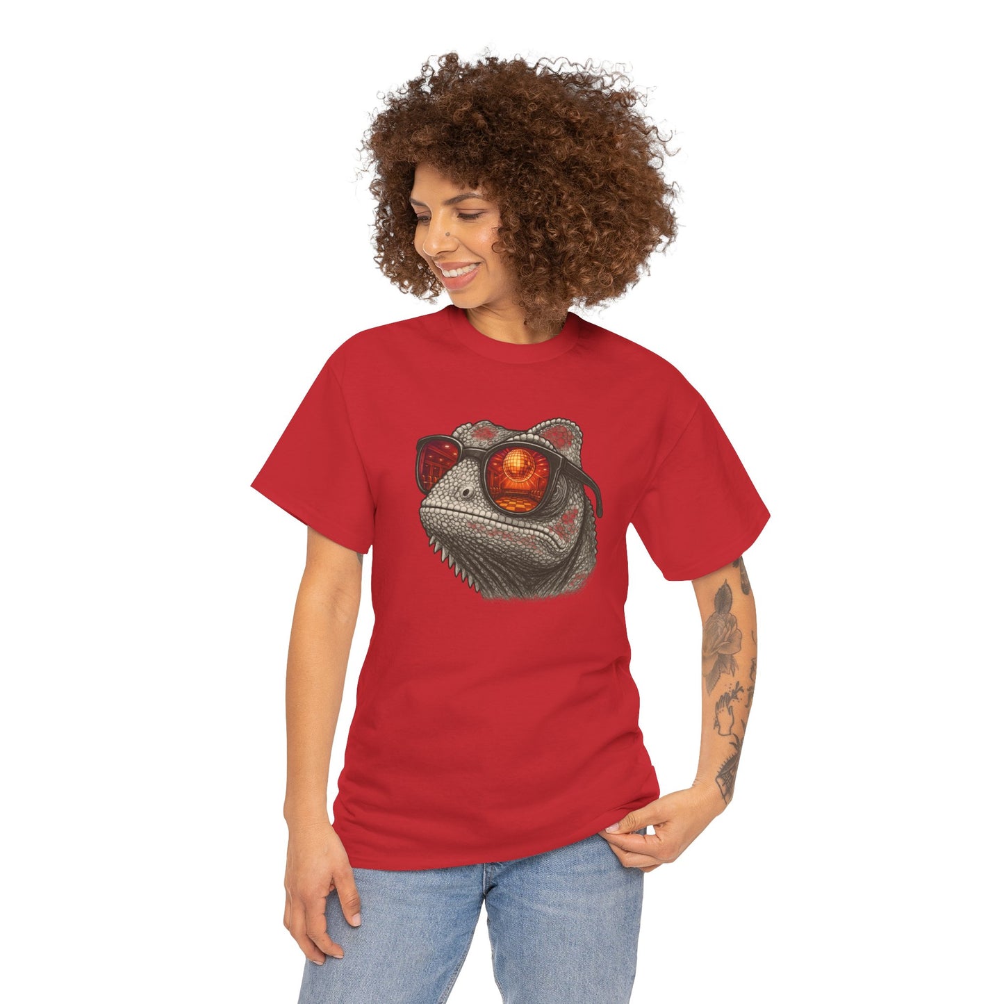 Chamäleon Disco T-Shirt (Brustprint) – Lustiges Tiermotiv mit Sonnenbrille | Retro Club Design für Tierfreunde & Festivalfans