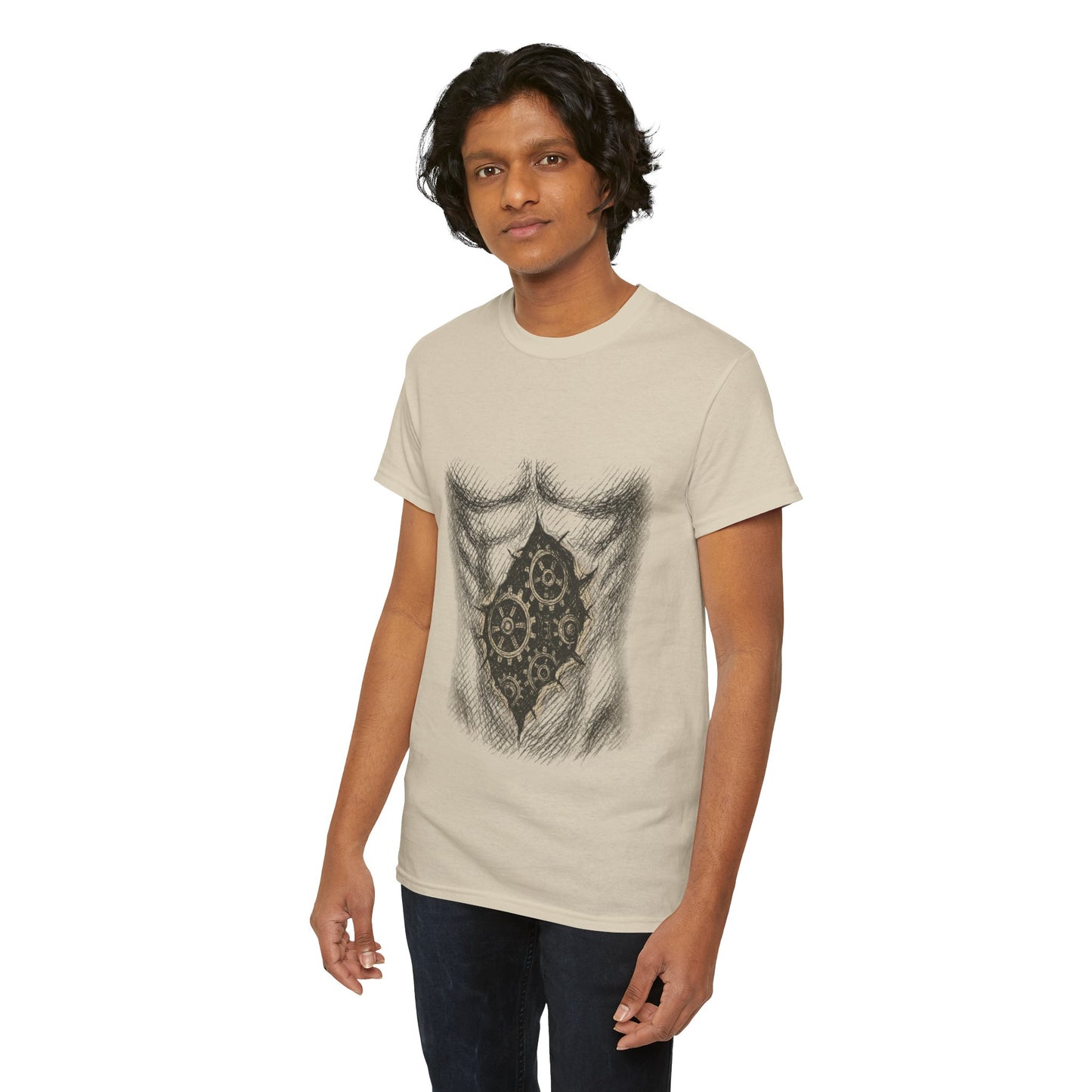 Biomechanik T-Shirt Unisex (Brustprint) – Realistisches Zahnräder-in-der-Haut Design | Steampunk & Cyborg Look für Technikfans