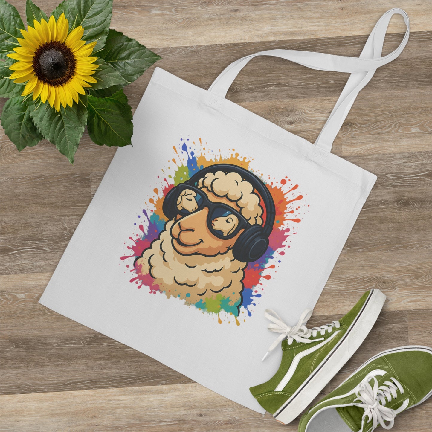 Schaf Jutebeutel – Lustiger Stoffbeutel mit Kopfhörer-Schaf & Farbspritzer-Design | Nachhaltige Tasche für Alltag & Festival