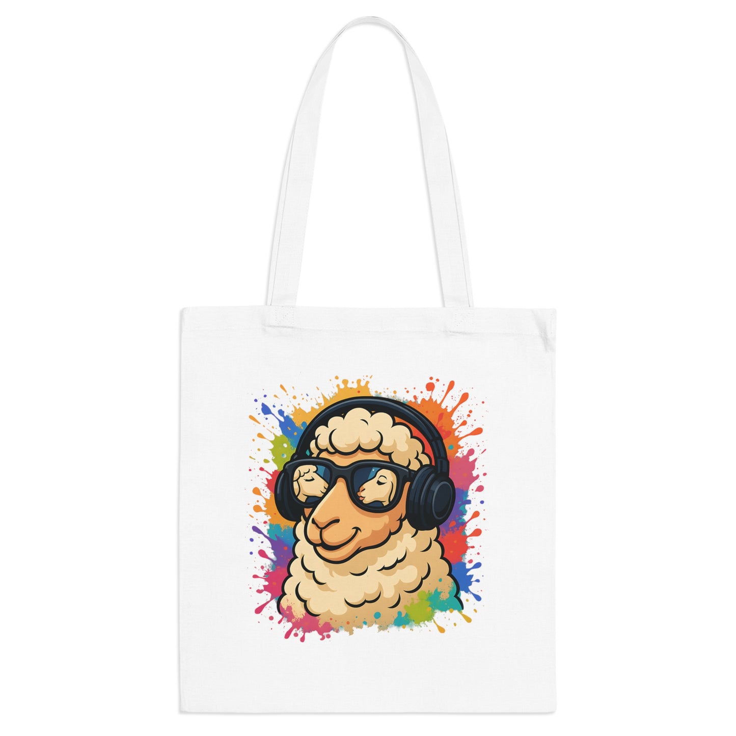 Schaf Jutebeutel – Lustiger Stoffbeutel mit Kopfhörer-Schaf & Farbspritzer-Design | Nachhaltige Tasche für Alltag & Festival