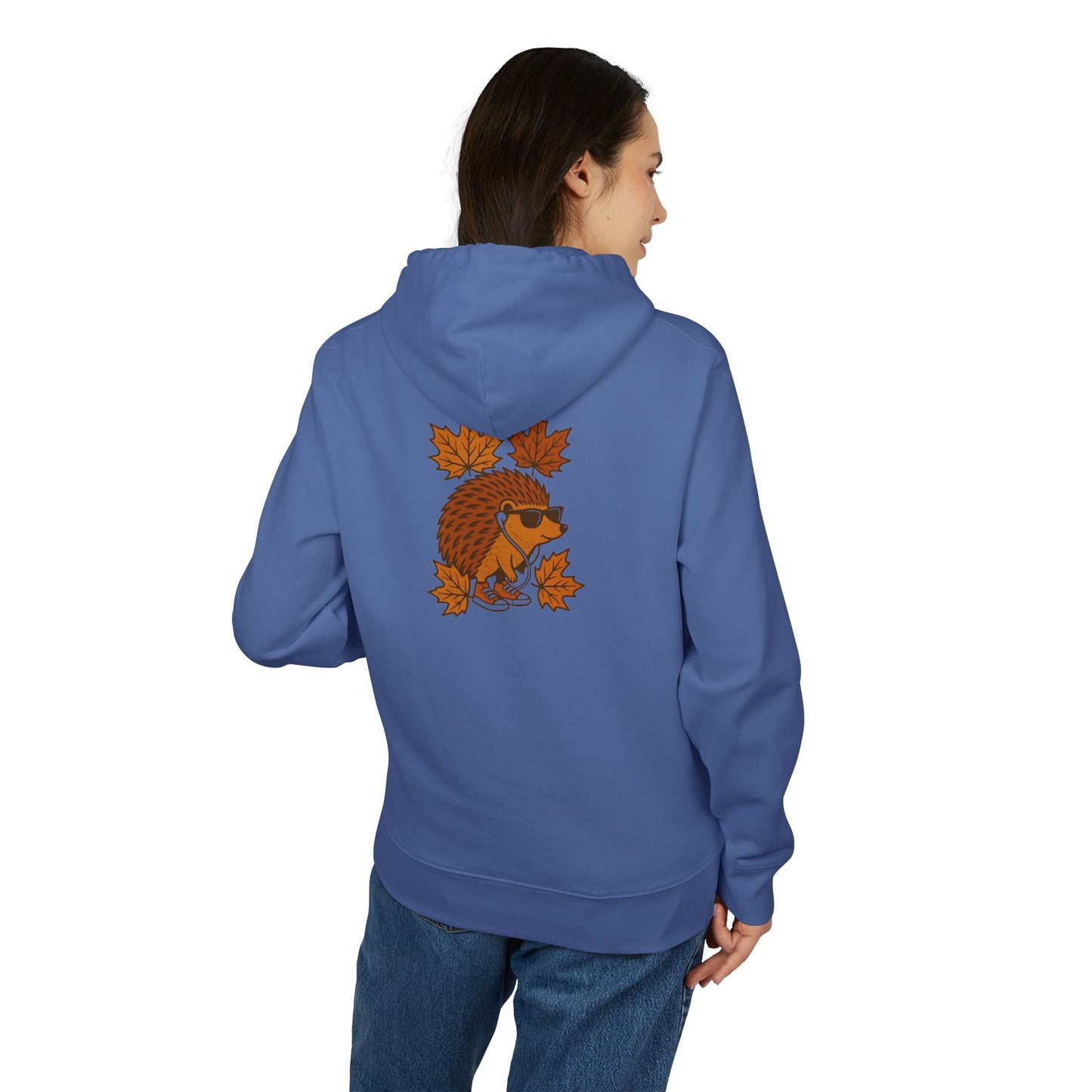 Herbst Igel Hoodie (Rückenprint) – Lustiger Kapuzenpullover mit Cartoon-Design, Sonnenbrille & Ahornblättern