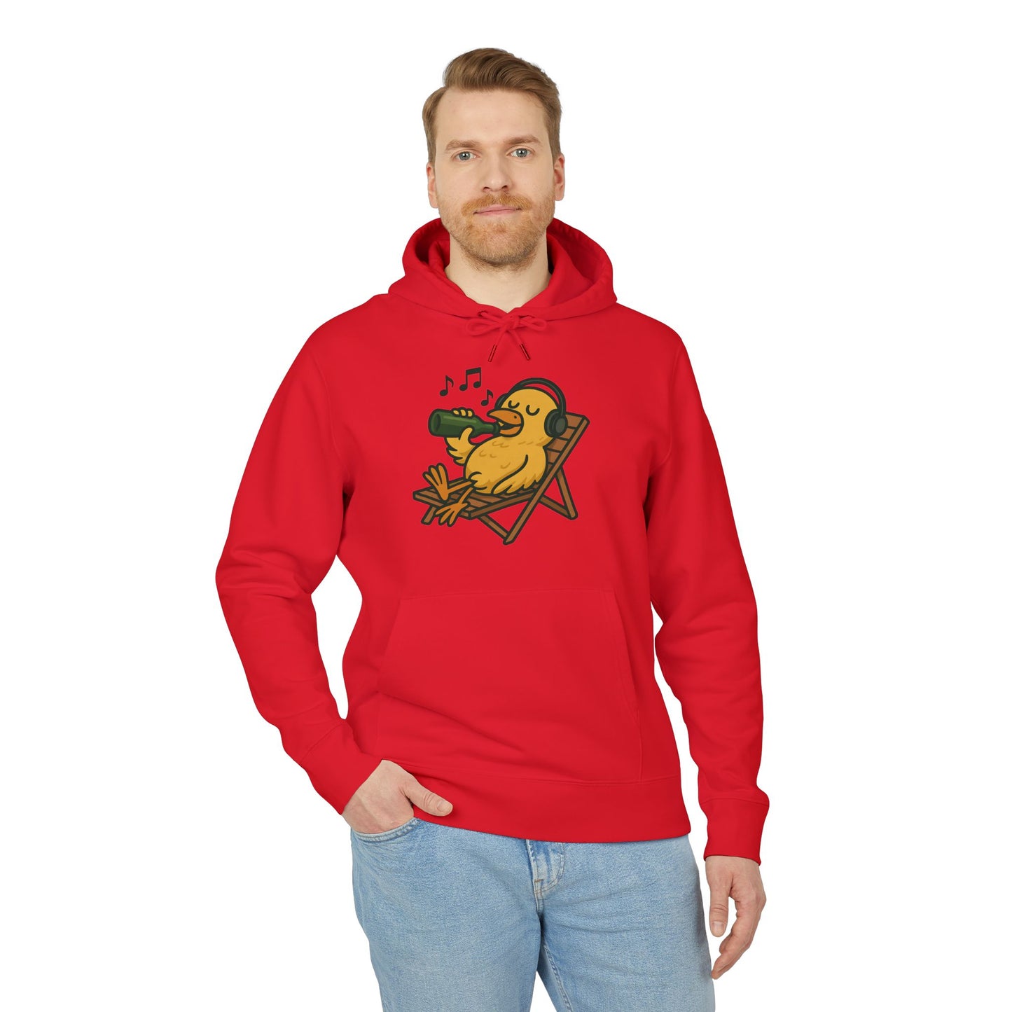 Chillente Hoodie (Brustprint) – Lustiger Unisex Kapuzenpullover mit Ente, Bier & Musik-Motiv | Perfekt für Freizeit, Festivals & Sommer