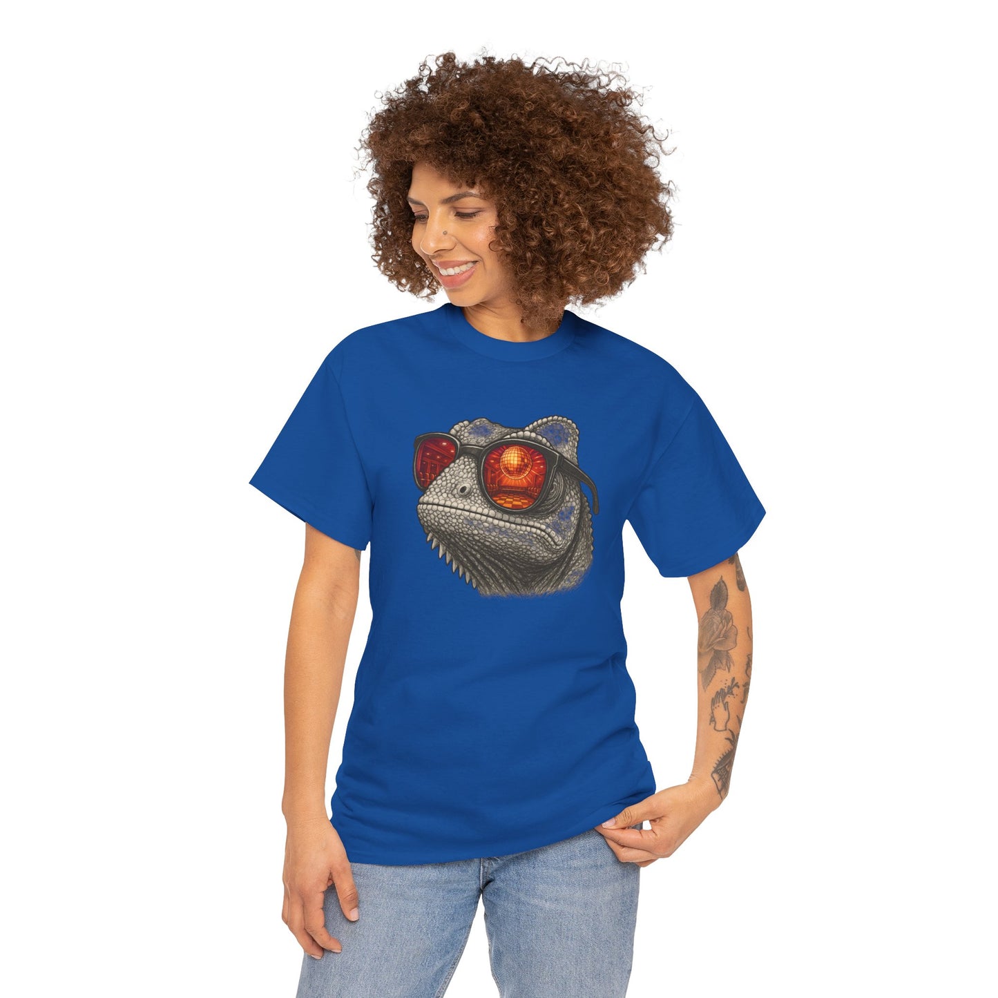 Chamäleon Disco T-Shirt (Brustprint) – Lustiges Tiermotiv mit Sonnenbrille | Retro Club Design für Tierfreunde & Festivalfans