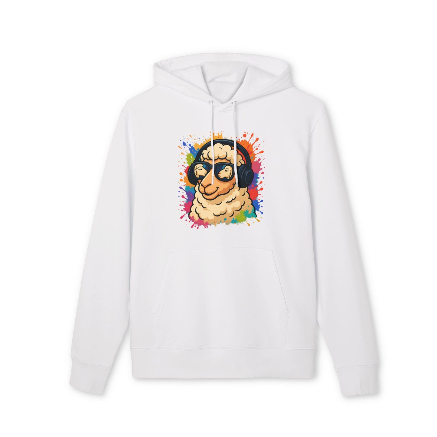 Schaf Hoodie (Brustprint) – Lustiger Unisex Kapuzenpullover mit Kopfhörer-Schaf & buntem Farbspritzer-Design