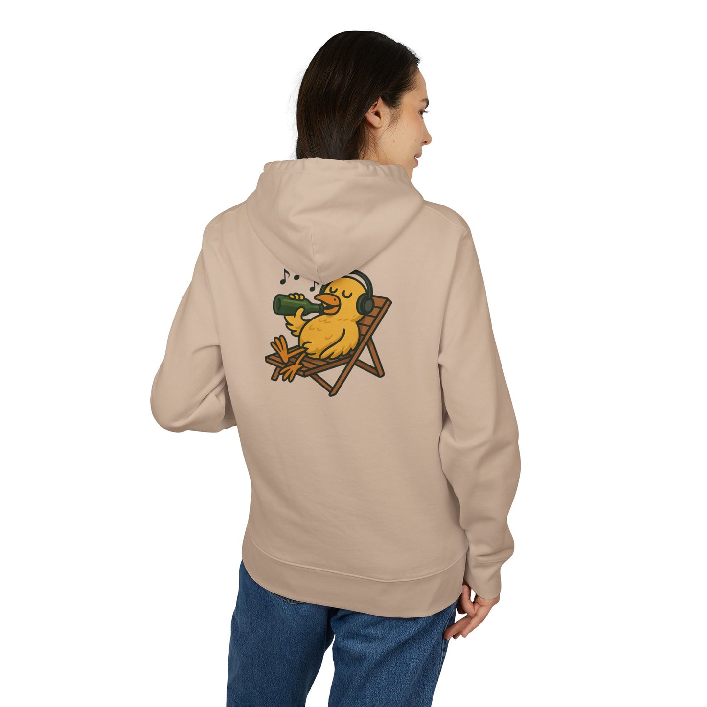 Chillente Hoodie (Rückenprint) – Lustiger Unisex Kapuzenpullover mit Ente, Bier & Musik-Motiv | Perfekt für Freizeit, Festivals & Sommer