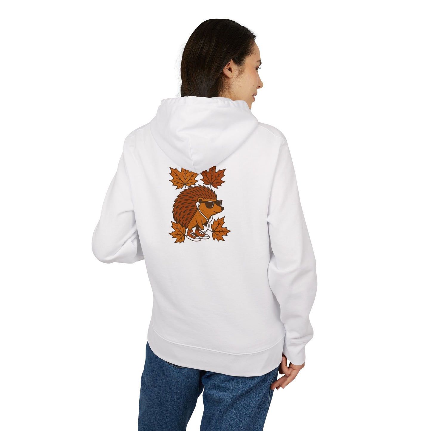 Herbst Igel Hoodie (Rückenprint) – Lustiger Kapuzenpullover mit Cartoon-Design, Sonnenbrille & Ahornblättern