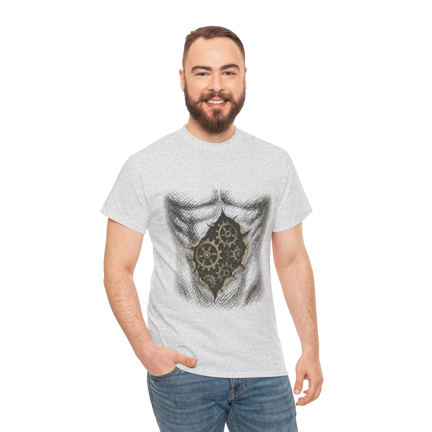 Biomechanik T-Shirt Unisex (Brustprint) – Realistisches Zahnräder-in-der-Haut Design | Steampunk & Cyborg Look für Technikfans