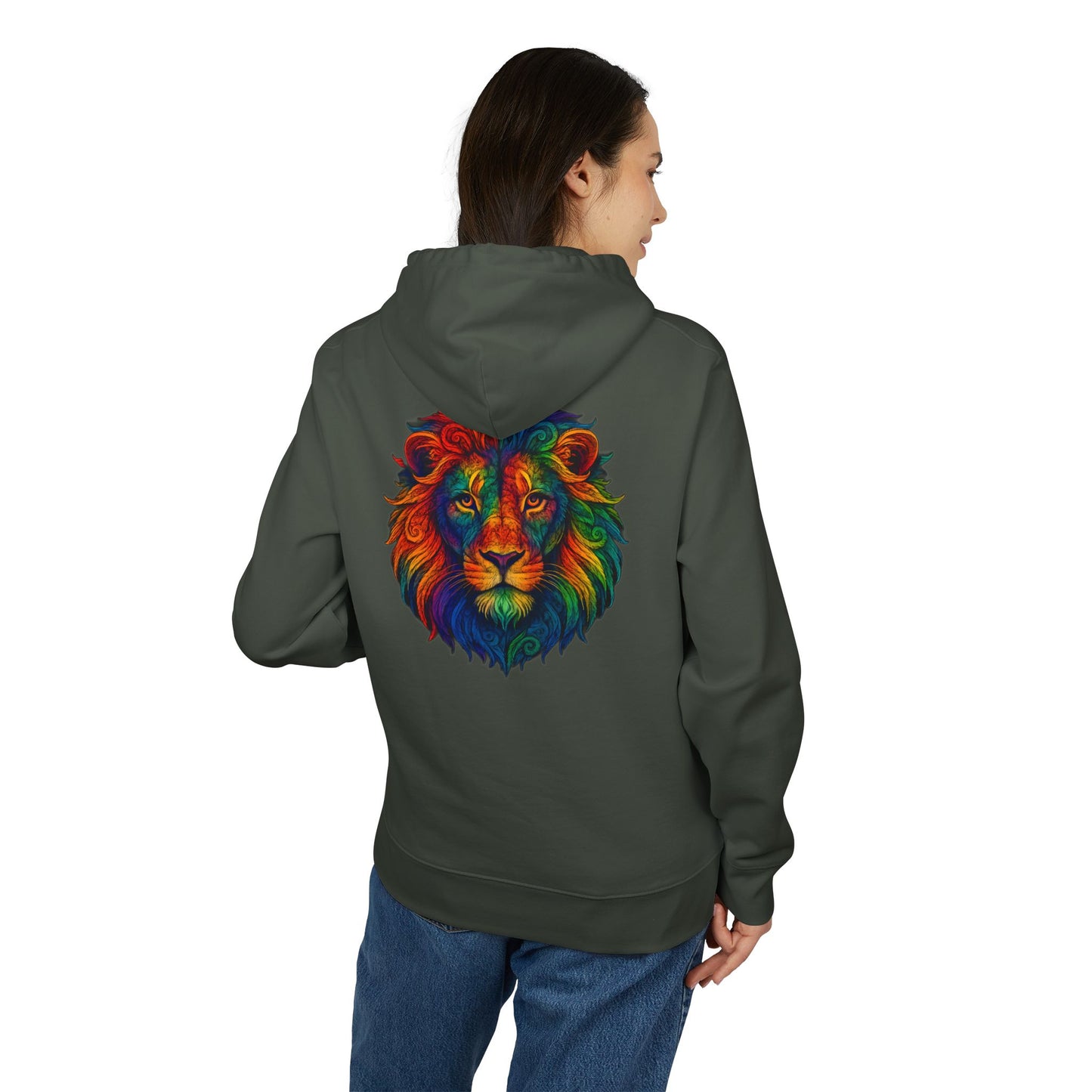 Bunter Löwen Hoodie (Rückenprint) – Psychedelischer Kapuzenpullover mit Tiermotiv – Unisex Streetwear im Boho & Festival Stil