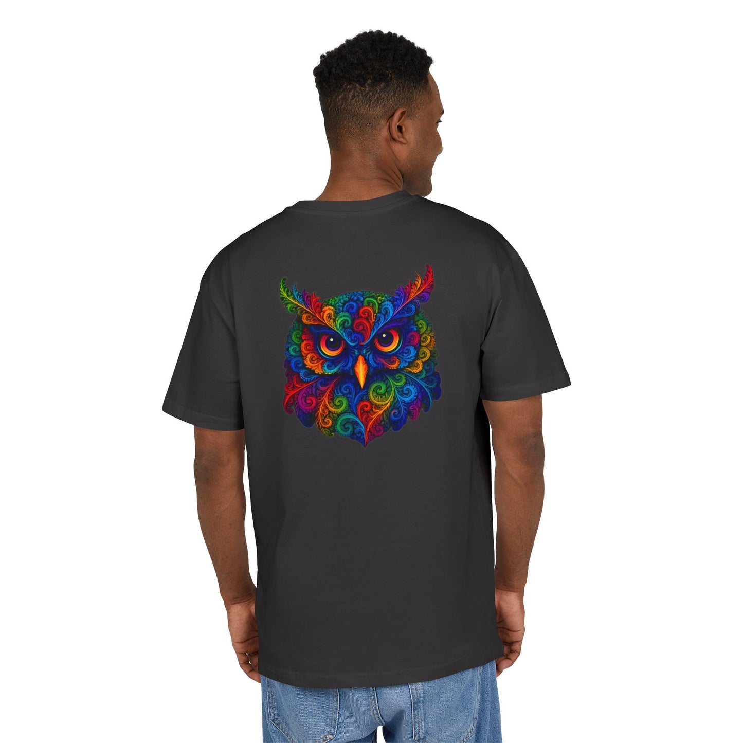 Buntes Eulen T-Shirt (Rückenprint) – Psychedelisches Tiermotiv im Boho-Stil – Unisex Shirt mit farbenfrohem, detailliertem Eulen-Design