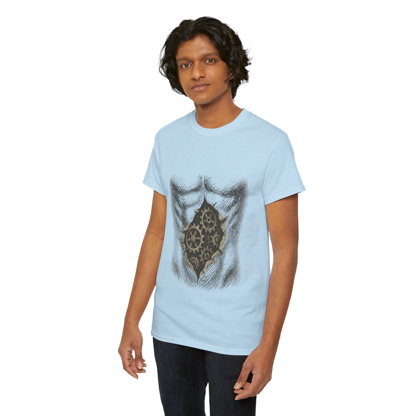Biomechanik T-Shirt Unisex (Brustprint) – Realistisches Zahnräder-in-der-Haut Design | Steampunk & Cyborg Look für Technikfans