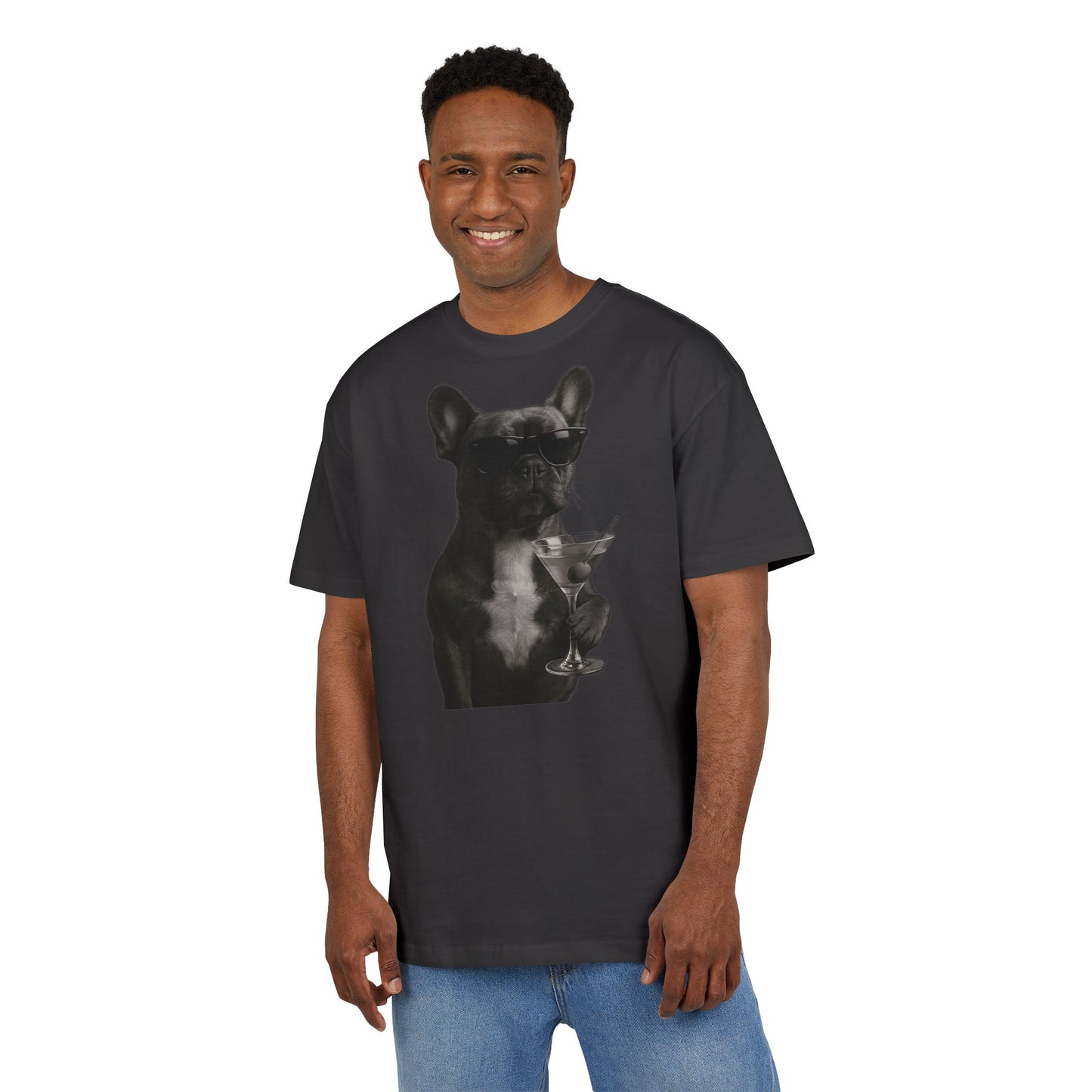 Cooler Hund T-Shirt (Brustprint) – Französische Bulldogge mit Sonnenbrille & Martini – Lustiges Tiermotiv für Unisex Streetwear
