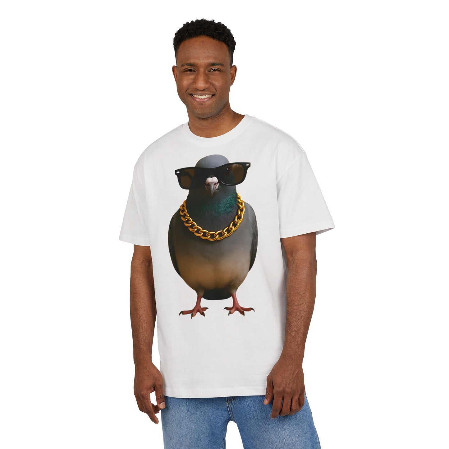 Streetstyle Taube T-Shirt (Brustprint) – Cooles Pigeon Design mit Sonnenbrille & Goldkette für Urban Vibes