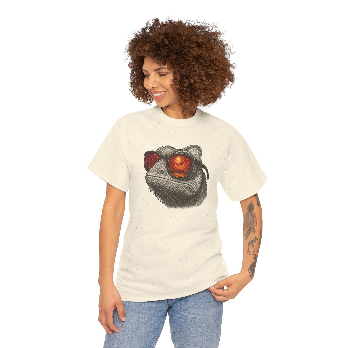 Chamäleon Disco T-Shirt (Brustprint) – Lustiges Tiermotiv mit Sonnenbrille | Retro Club Design für Tierfreunde & Festivalfans