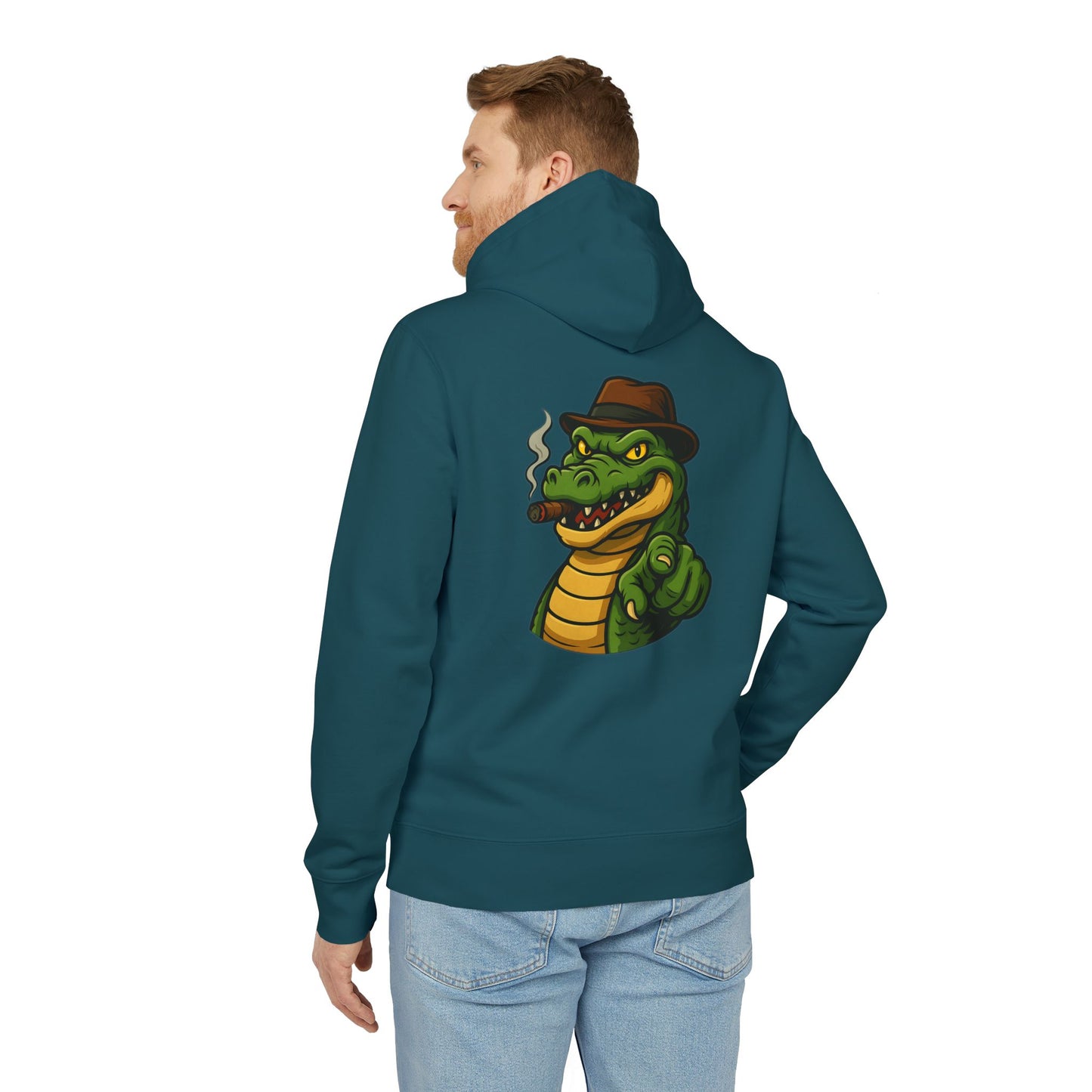 Gangster Alligator Hoodie (Rückenprint) – Cooler Unisex Kapuzenpullover mit Krokodil, Zigarre & Hut im Comic Style