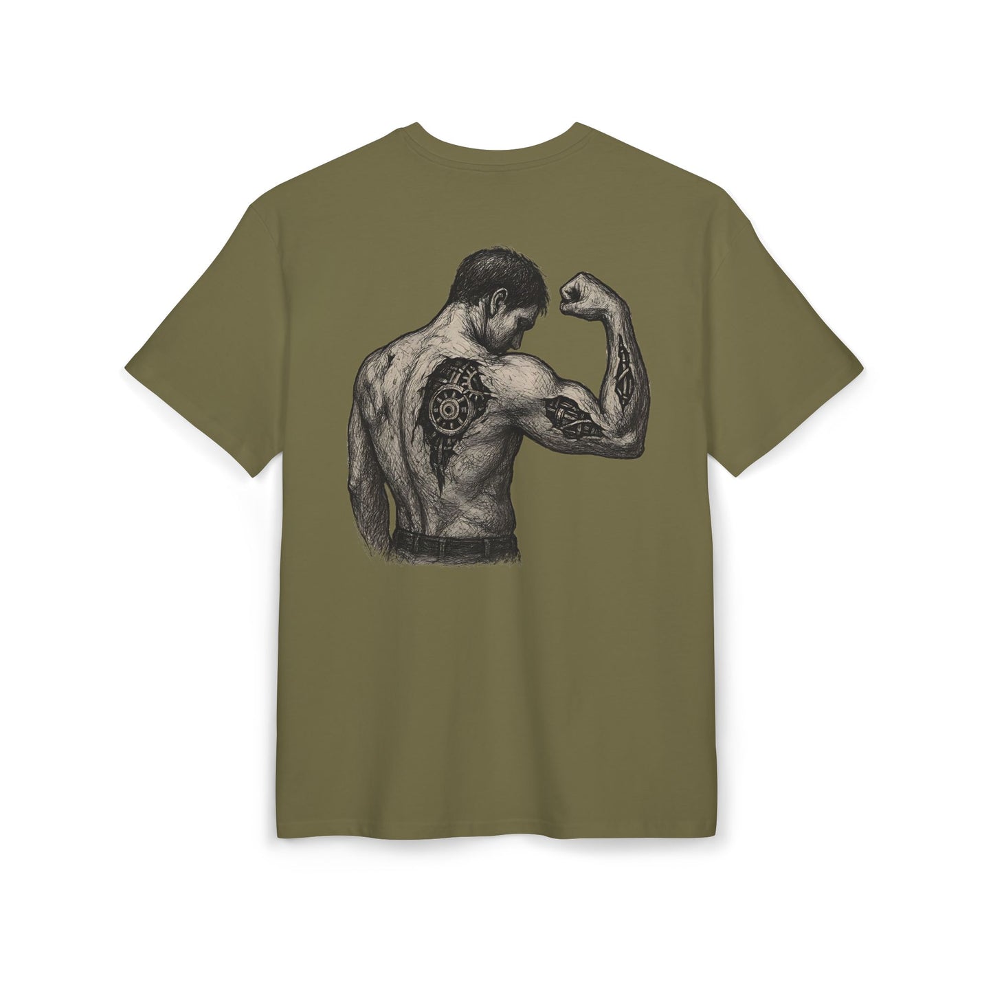 Biomechanik Muskel T-Shirt Unisex (Rückenprint) – Cyborg Body Design mit Zahnrädern & Maschinenstrukturen | Futuristisches Techwear Shirt für Fitness & Sci-Fi Fans
