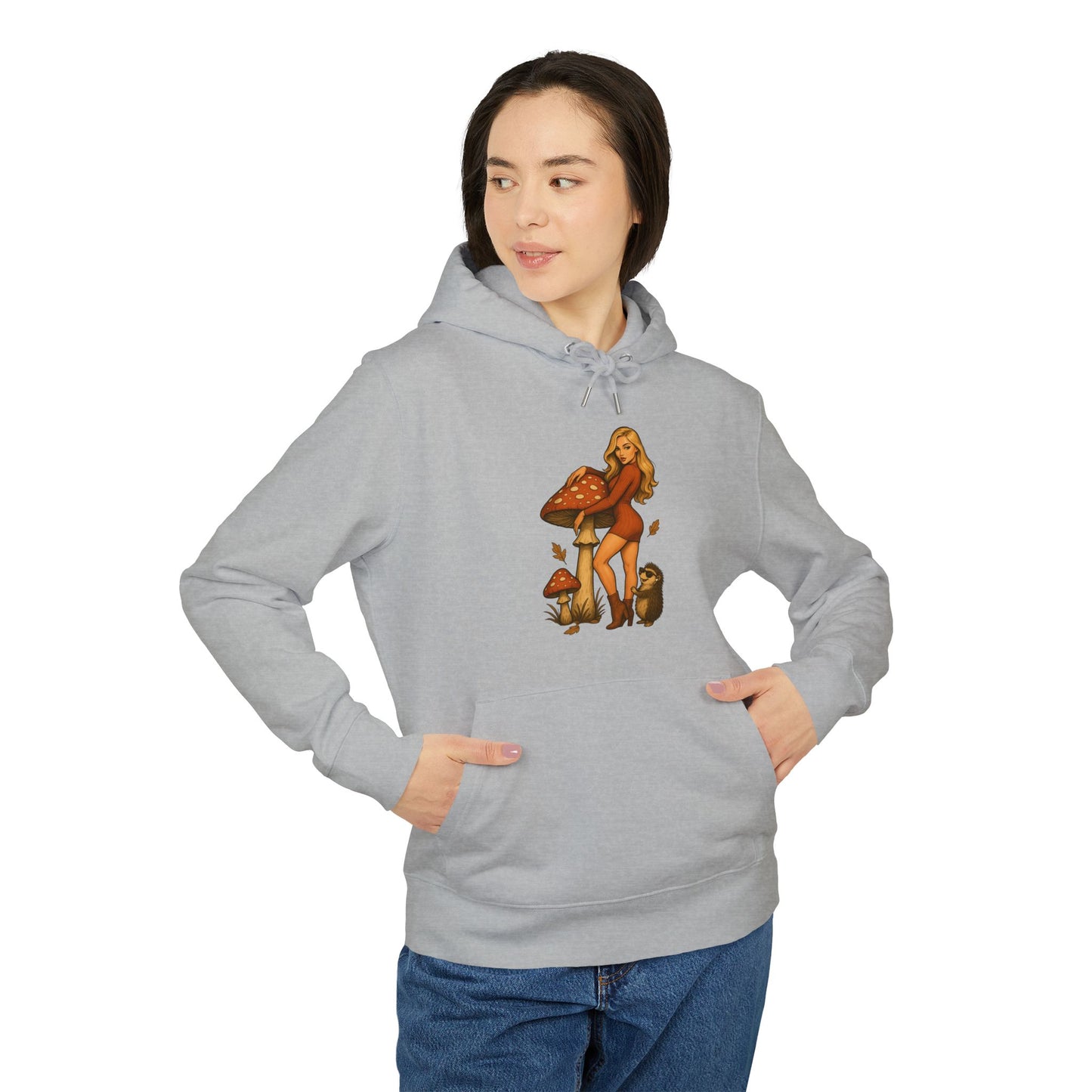 Vintage Pilz Fee & Igel Hoodie (Brustprint) – Retro Waldmotiv Kapuzenpullover für Natur- & Pilzliebhaber