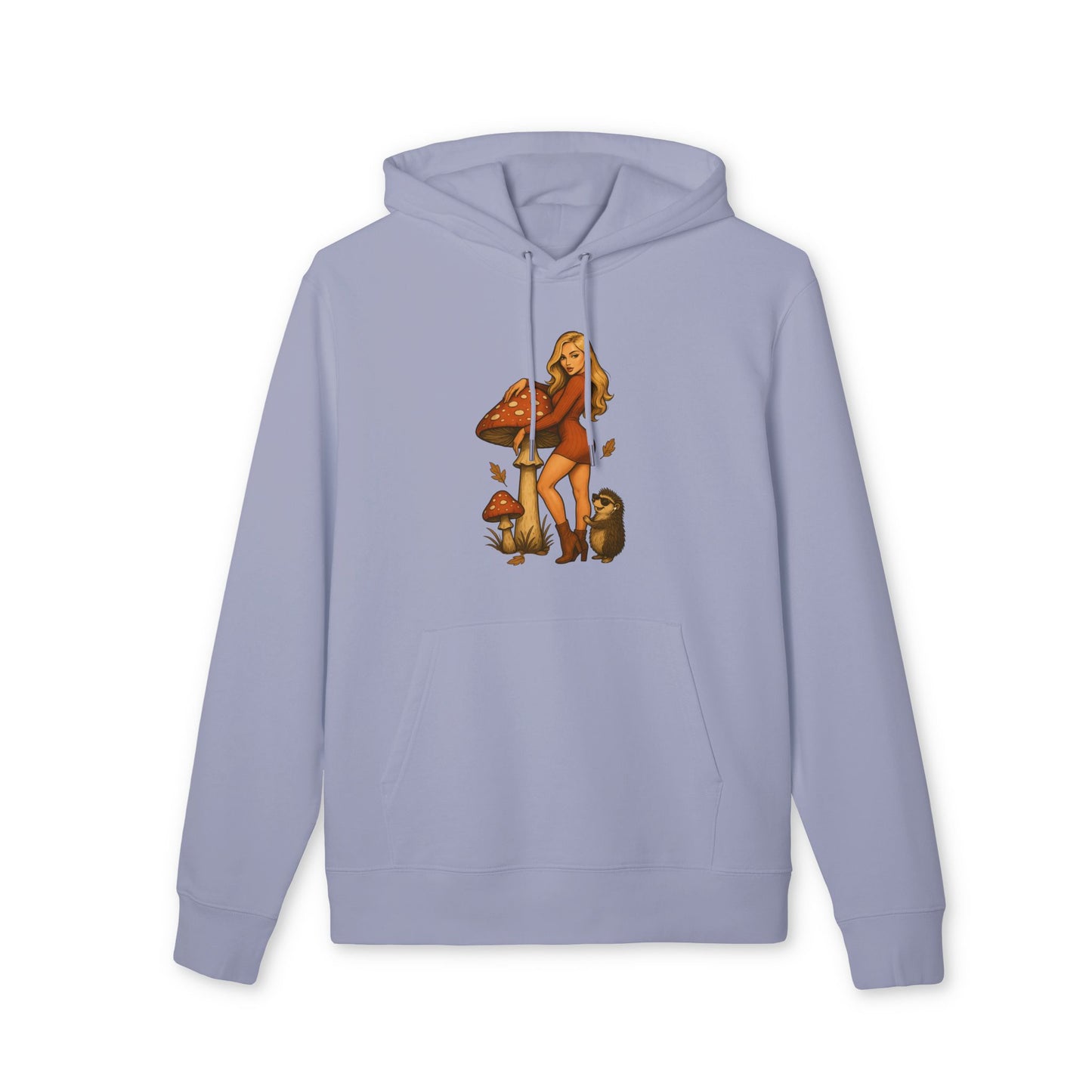 Vintage Pilz Fee & Igel Hoodie (Brustprint) – Retro Waldmotiv Kapuzenpullover für Natur- & Pilzliebhaber