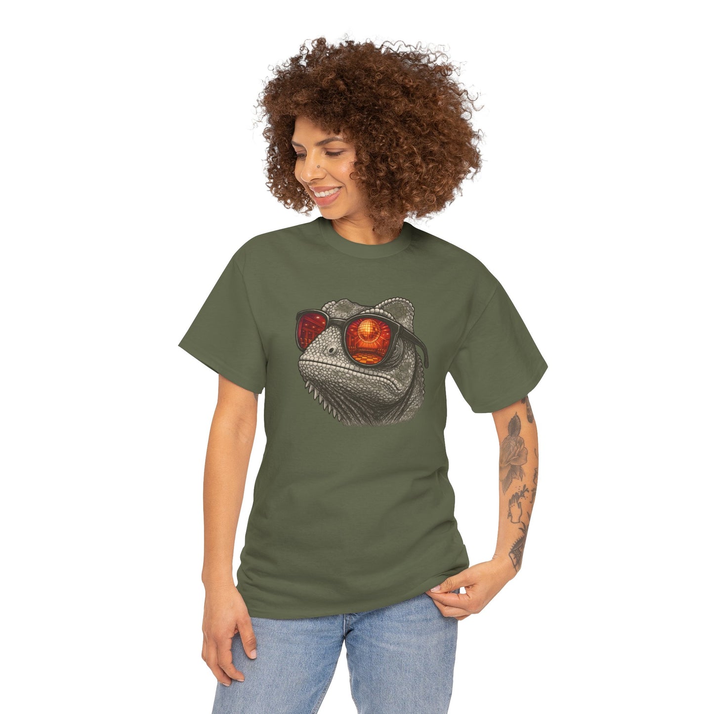 Chamäleon Disco T-Shirt (Brustprint) – Lustiges Tiermotiv mit Sonnenbrille | Retro Club Design für Tierfreunde & Festivalfans