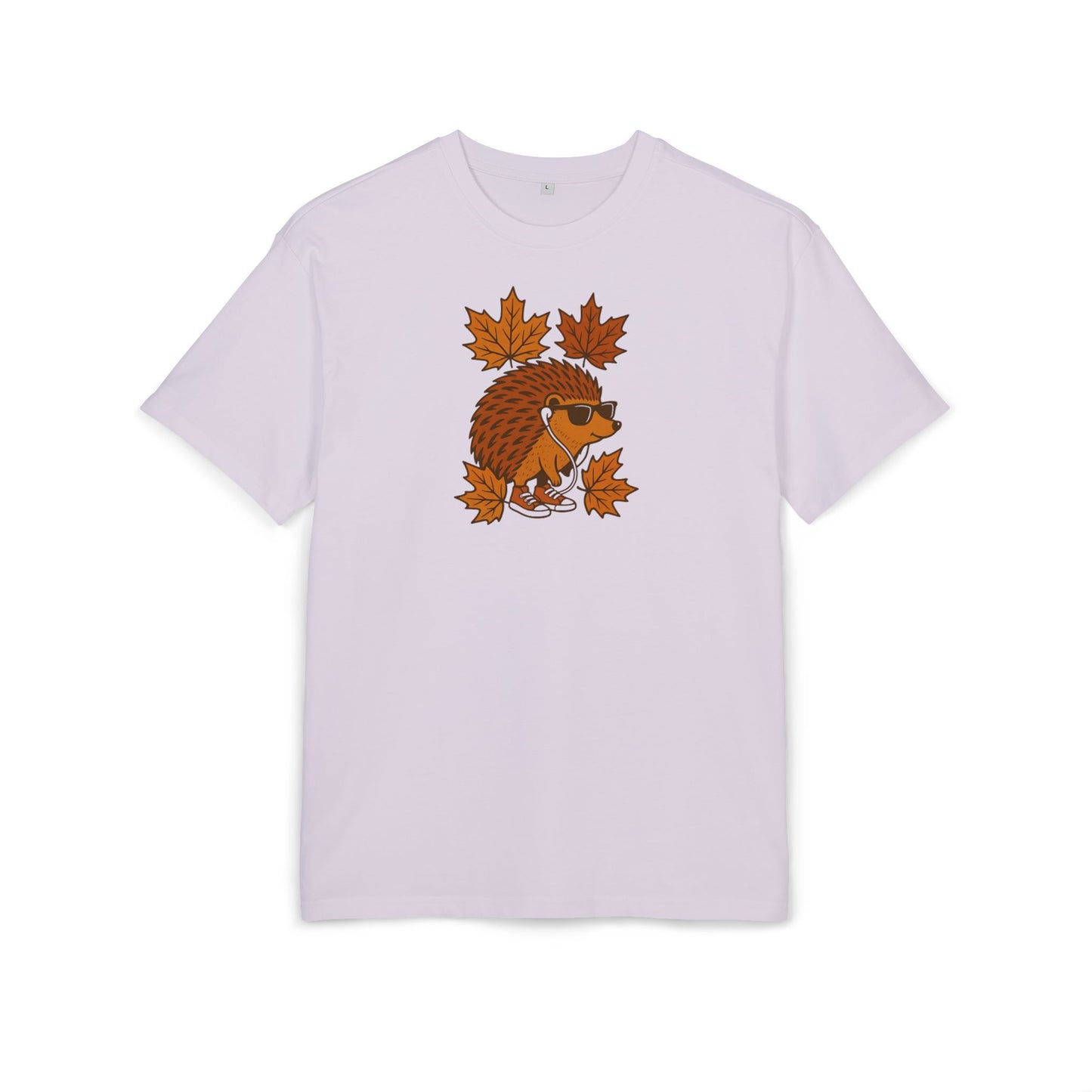 Herbst Igel T-Shirt (Brustprint) – Lustiges Cartoon Design mit Sonnenbrille, Kopfhörern & Ahornblättern