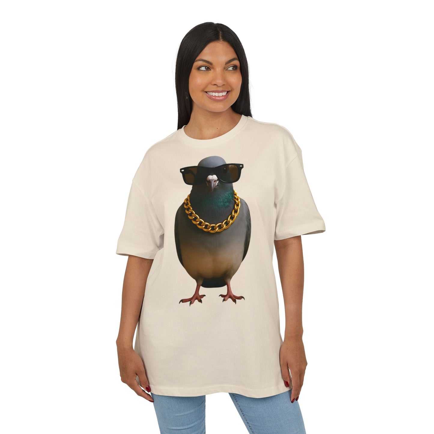 Streetstyle Taube T-Shirt (Brustprint) – Cooles Pigeon Design mit Sonnenbrille & Goldkette für Urban Vibes