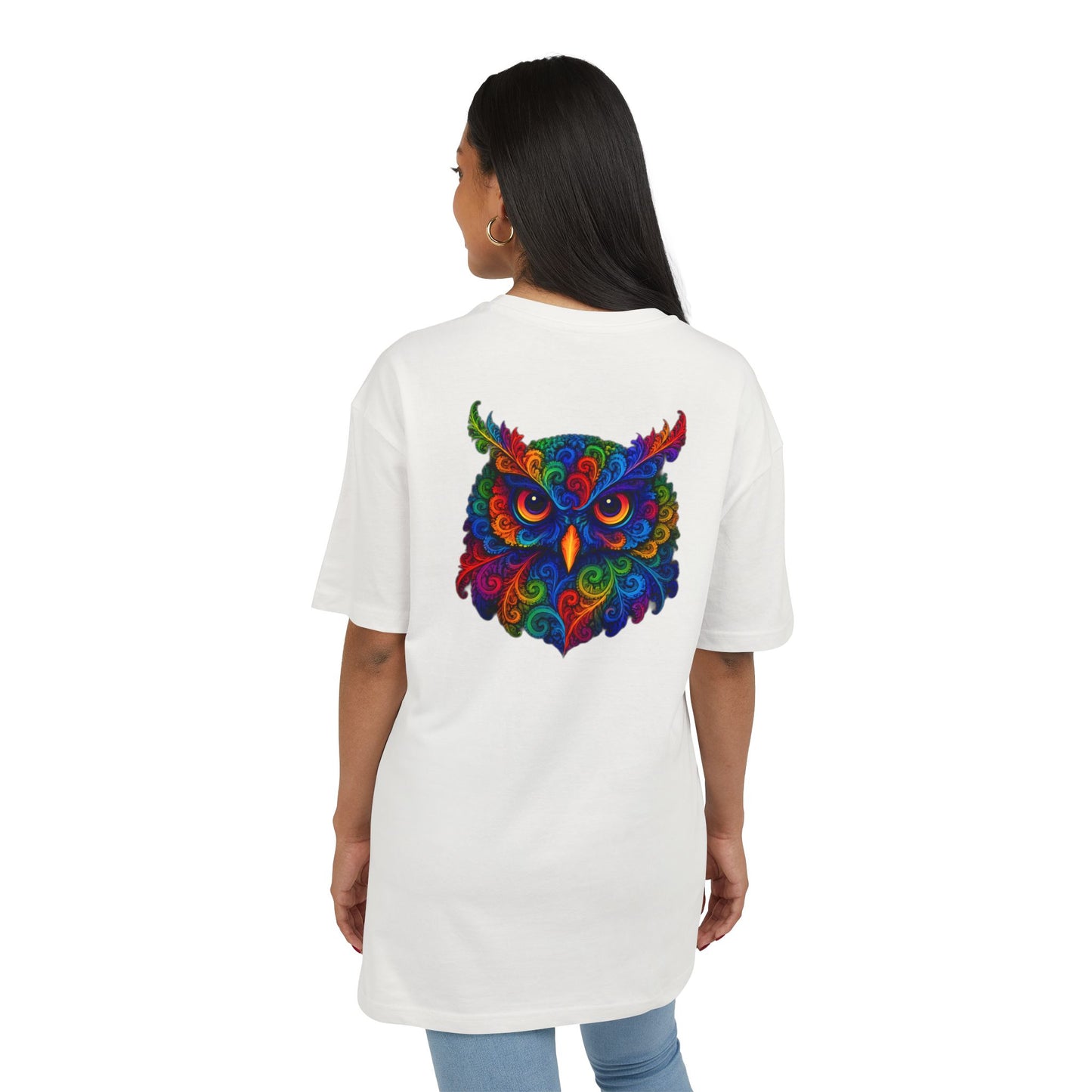 Buntes Eulen T-Shirt (Rückenprint) – Psychedelisches Tiermotiv im Boho-Stil – Unisex Shirt mit farbenfrohem, detailliertem Eulen-Design