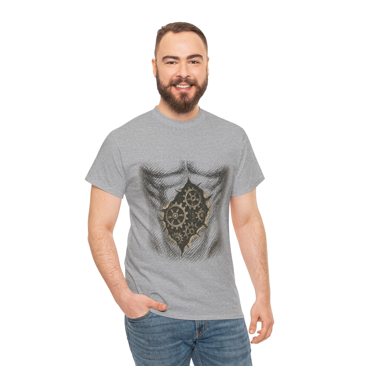 Biomechanik T-Shirt Unisex (Brustprint) – Realistisches Zahnräder-in-der-Haut Design | Steampunk & Cyborg Look für Technikfans