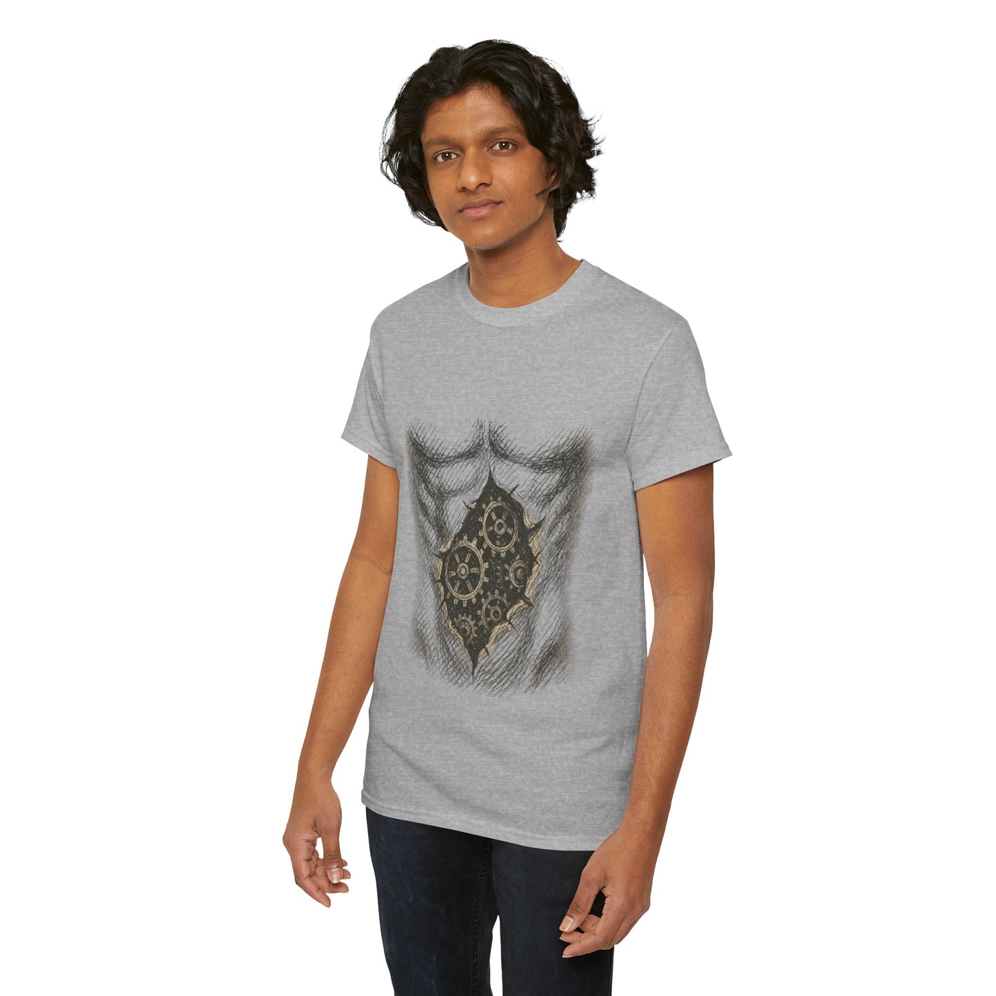 Biomechanik T-Shirt Unisex (Brustprint) – Realistisches Zahnräder-in-der-Haut Design | Steampunk & Cyborg Look für Technikfans