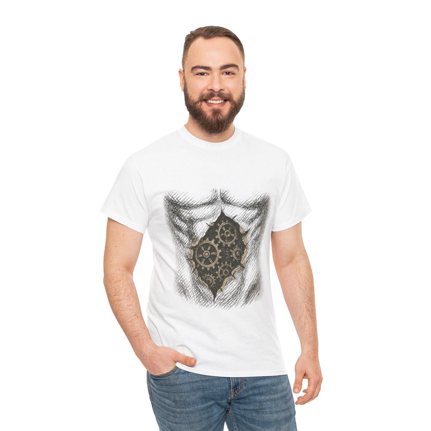 Biomechanik T-Shirt Unisex (Brustprint) – Realistisches Zahnräder-in-der-Haut Design | Steampunk & Cyborg Look für Technikfans