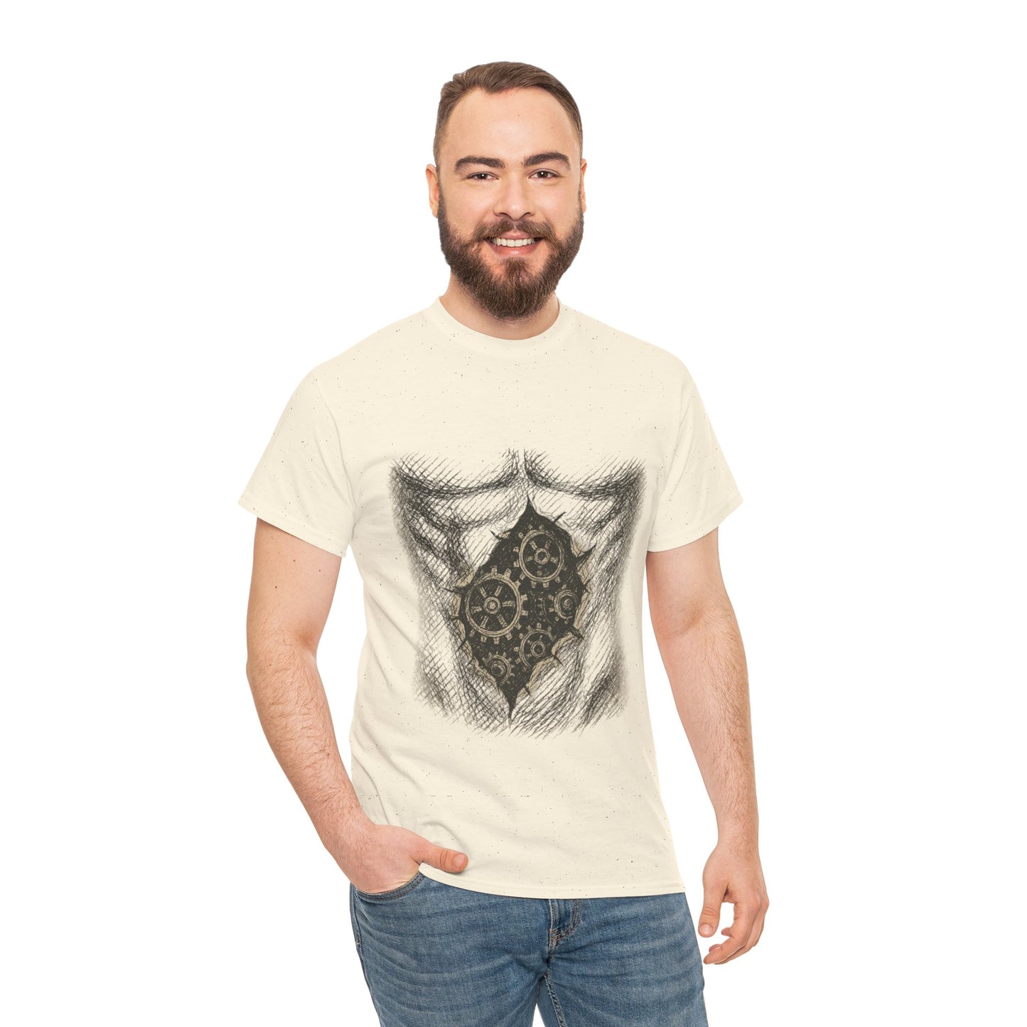 Biomechanik T-Shirt Unisex (Brustprint) – Realistisches Zahnräder-in-der-Haut Design | Steampunk & Cyborg Look für Technikfans