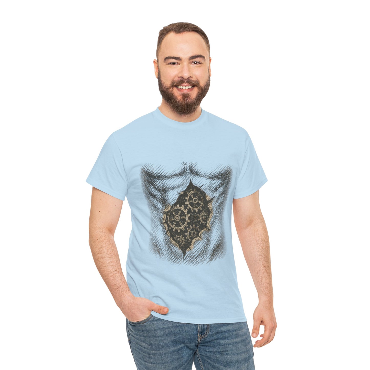 Biomechanik T-Shirt Unisex (Brustprint) – Realistisches Zahnräder-in-der-Haut Design | Steampunk & Cyborg Look für Technikfans