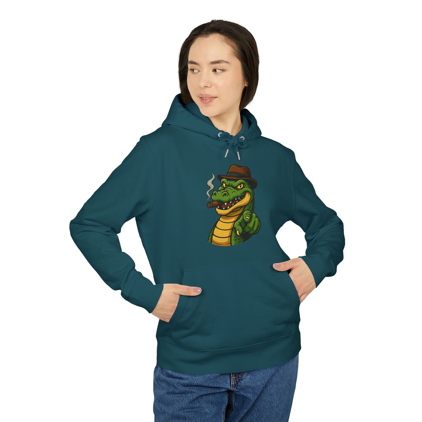 Gangster Alligator Hoodie (Brustprint) – Cooler Unisex Kapuzenpullover mit Krokodil, Zigarre & Hut im Comic Style
