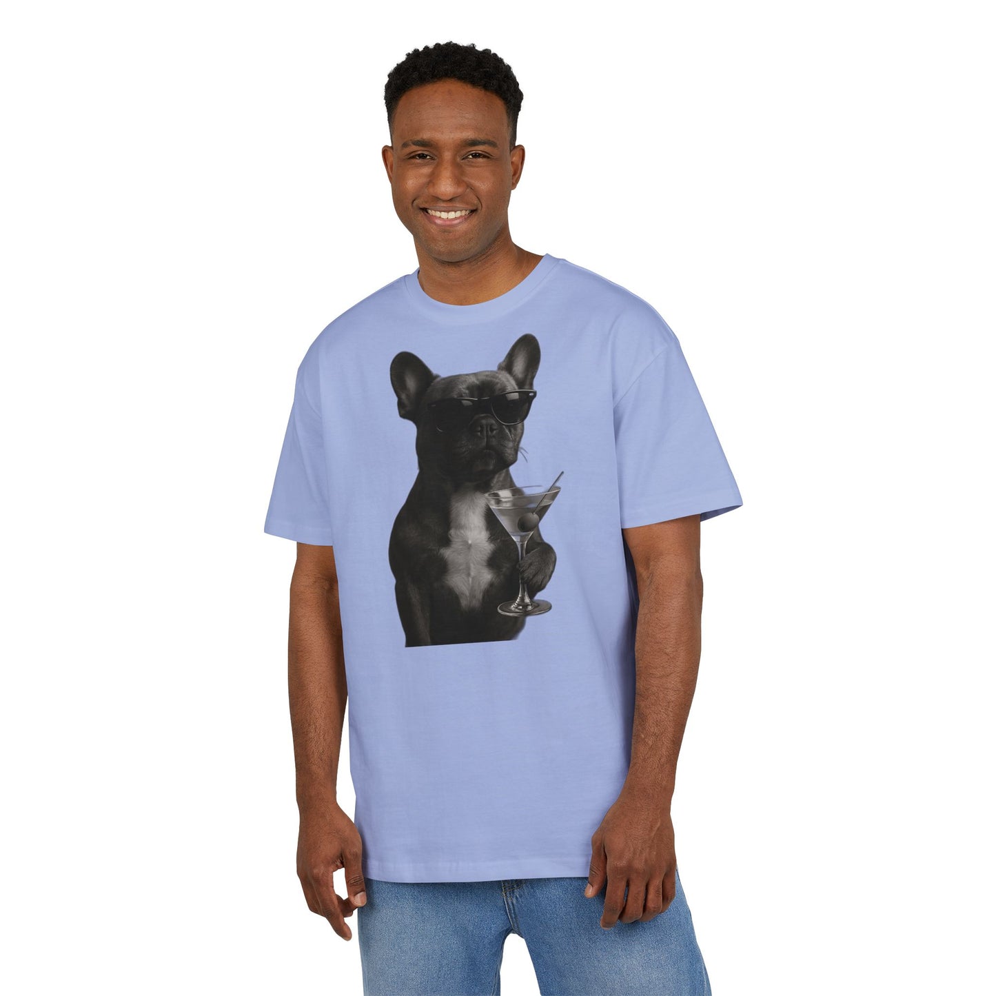 Cooler Hund T-Shirt (Brustprint) – Französische Bulldogge mit Sonnenbrille & Martini – Lustiges Tiermotiv für Unisex Streetwear