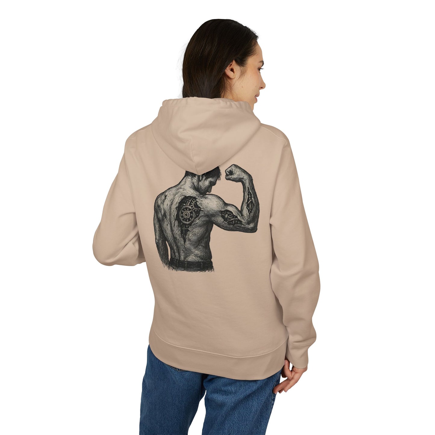 Biomechanik Hoodie Unisex (Rückenprint) – Muskel-Cyborg Design mit Zahnrädern & Maschinenstruktur | Futuristischer Techwear Kapuzenpullover für Sci-Fi & Fitness Fans