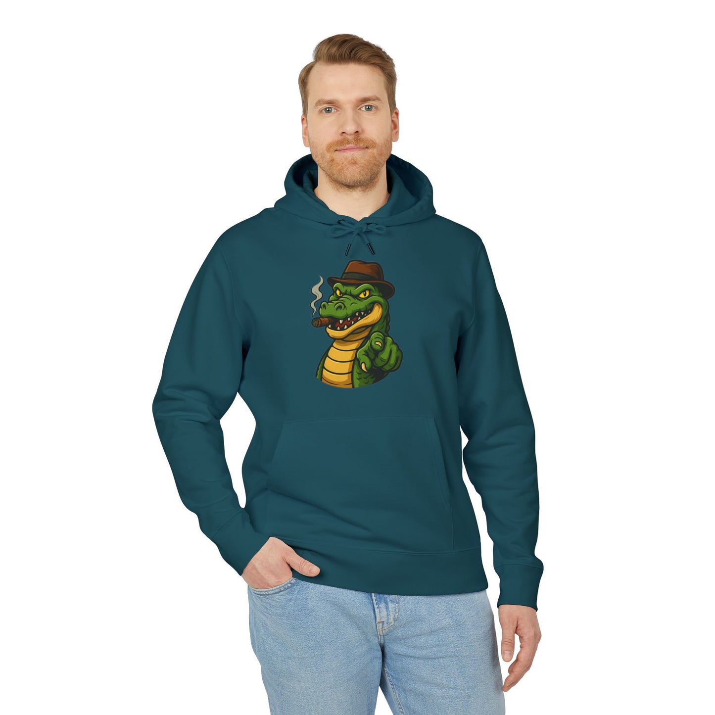 Gangster Alligator Hoodie (Brustprint) – Cooler Unisex Kapuzenpullover mit Krokodil, Zigarre & Hut im Comic Style