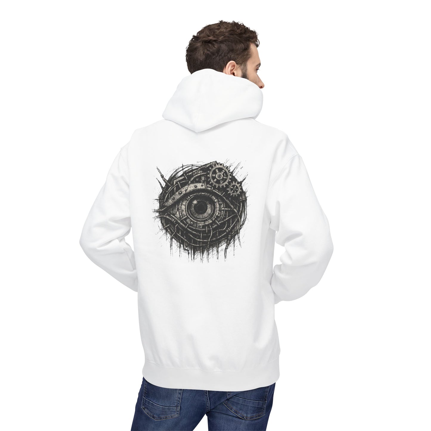Biomechanisches Auge Hoodie Unisex – Cyberpunk Kapuzenpullover mit Zahnrädern & Kabeln | Futuristischer Techwear Look