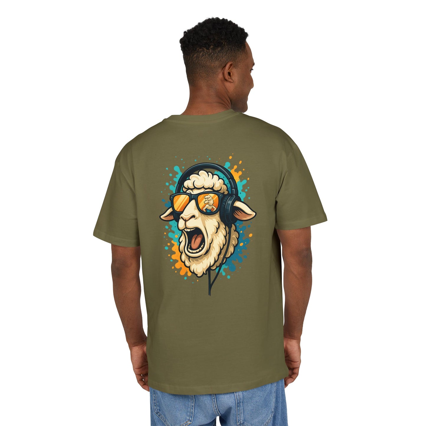 Lustiges Schaf T-Shirt (Rückenprint) – Cooles Cartoon-Motiv mit Kopfhörer & Sonnenbrille – Unisex Shirt für Musikfans & Tierliebhaber