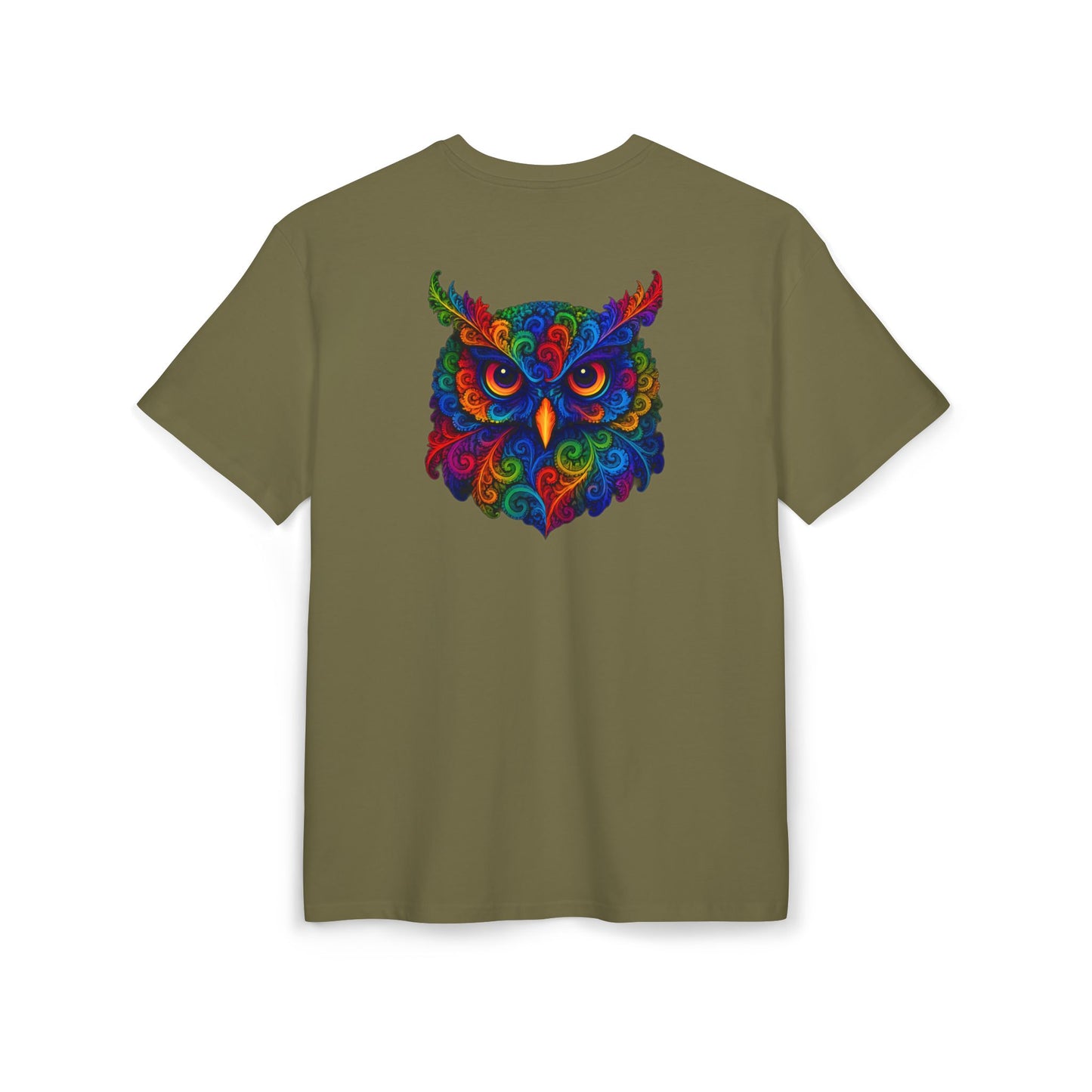 Buntes Eulen T-Shirt (Rückenprint) – Psychedelisches Tiermotiv im Boho-Stil – Unisex Shirt mit farbenfrohem, detailliertem Eulen-Design