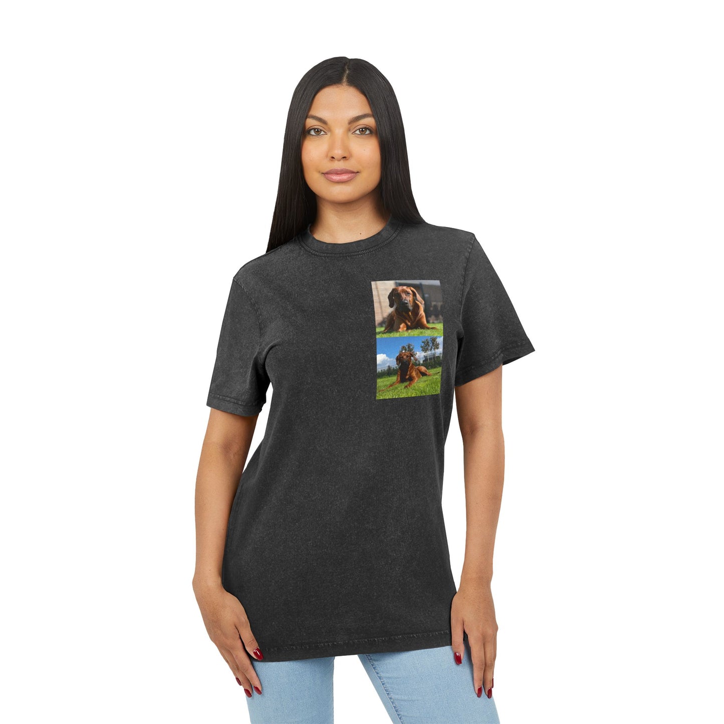 Dog print Vintage Style Acid Washed Round Neck Tee - Eco-Friendly T-Shirt, Everyday