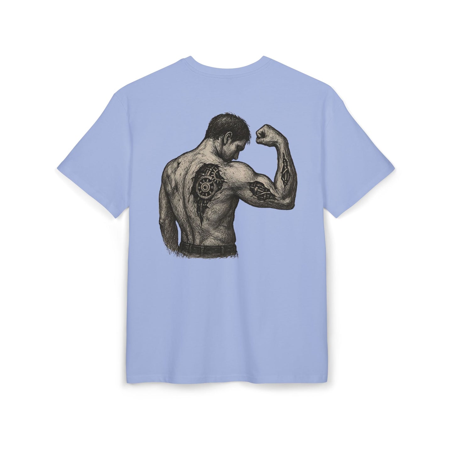 Biomechanik Muskel T-Shirt Unisex (Rückenprint) – Cyborg Body Design mit Zahnrädern & Maschinenstrukturen | Futuristisches Techwear Shirt für Fitness & Sci-Fi Fans
