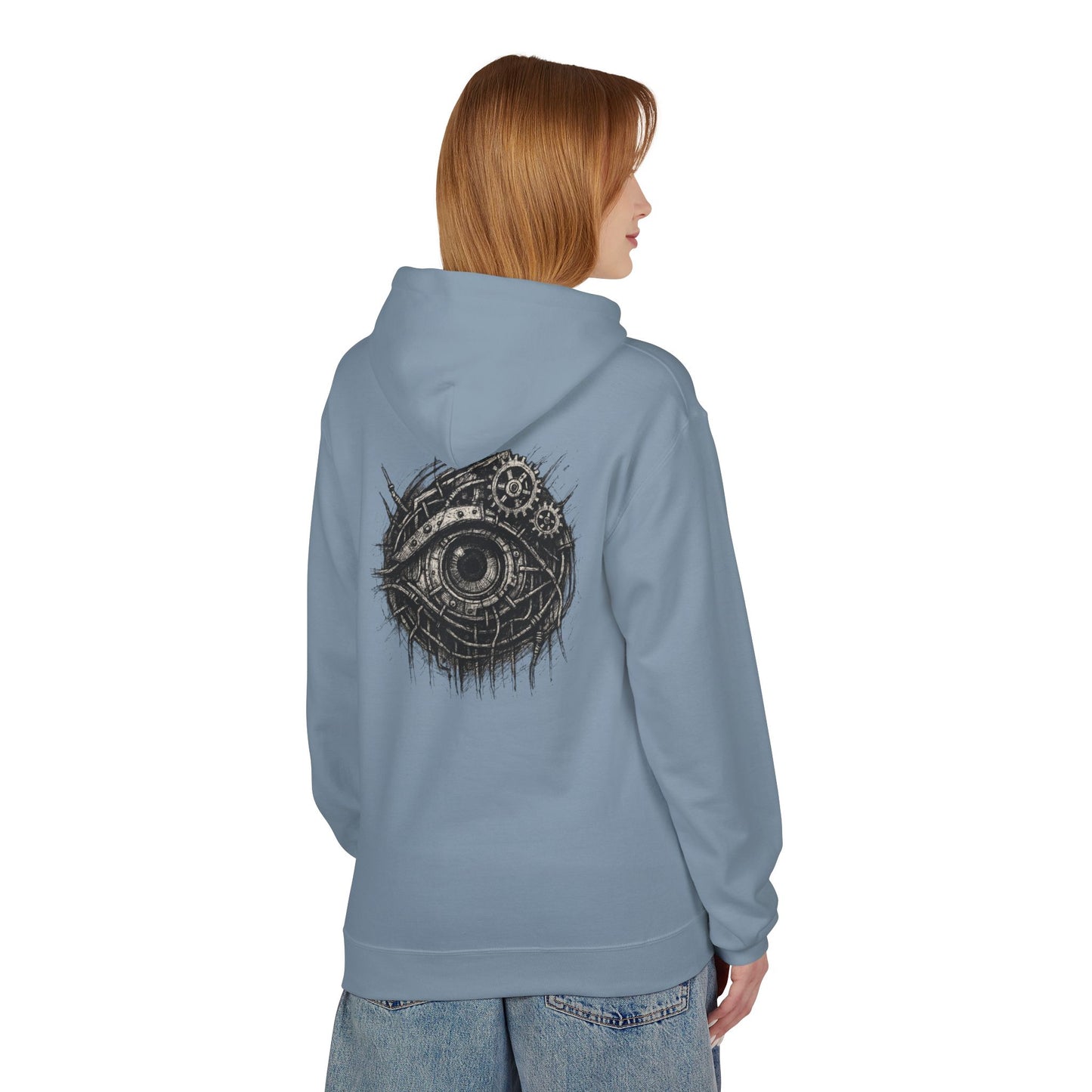 Biomechanisches Auge Hoodie Unisex – Cyberpunk Kapuzenpullover mit Zahnrädern & Kabeln | Futuristischer Techwear Look
