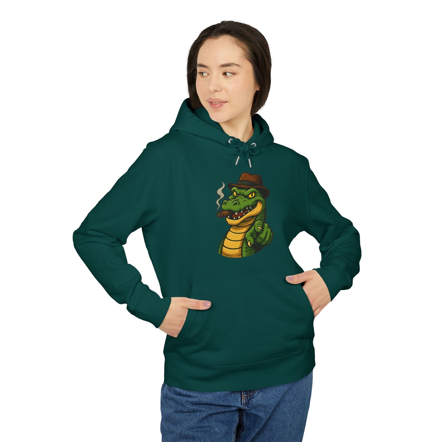 Gangster Alligator Hoodie (Brustprint) – Cooler Unisex Kapuzenpullover mit Krokodil, Zigarre & Hut im Comic Style