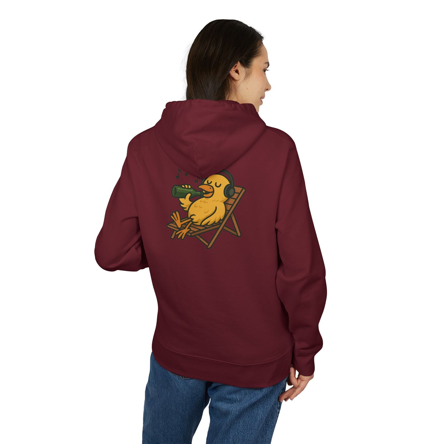 Chillente Hoodie (Rückenprint) – Lustiger Unisex Kapuzenpullover mit Ente, Bier & Musik-Motiv | Perfekt für Freizeit, Festivals & Sommer