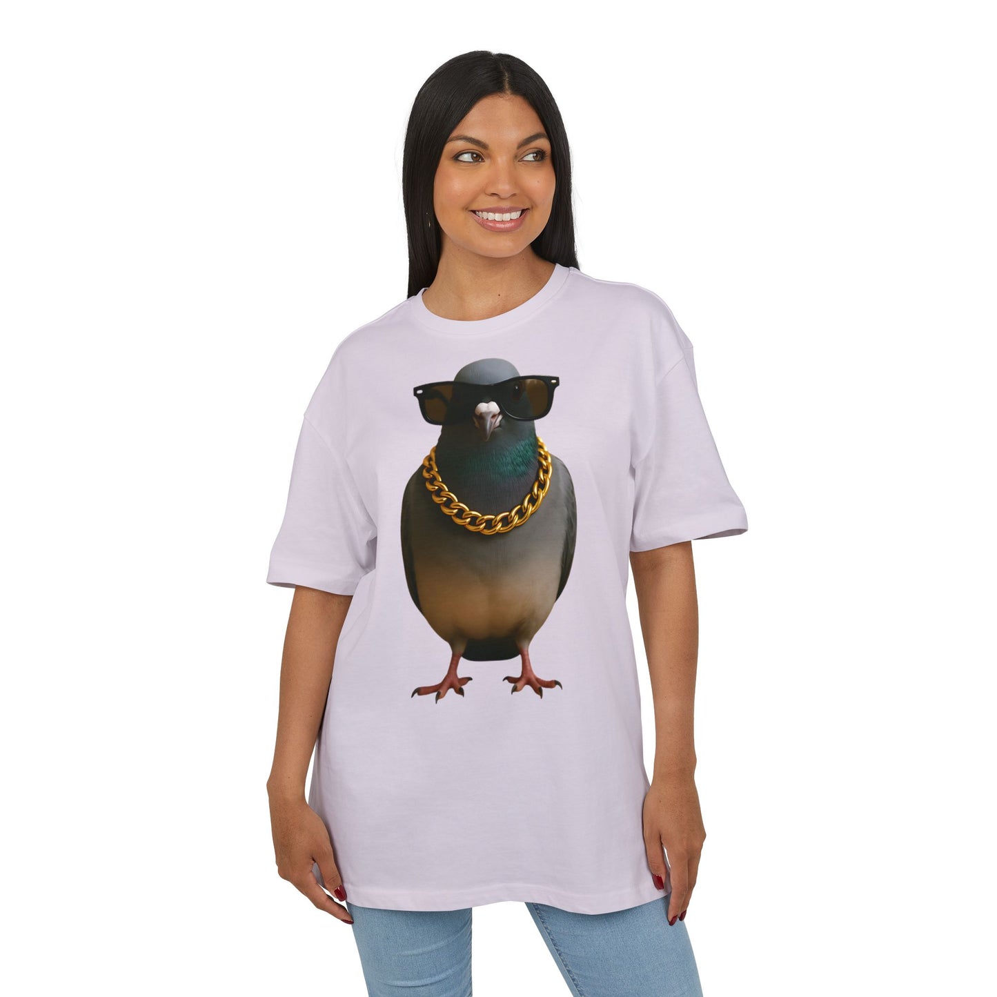 Streetstyle Taube T-Shirt (Brustprint) – Cooles Pigeon Design mit Sonnenbrille & Goldkette für Urban Vibes