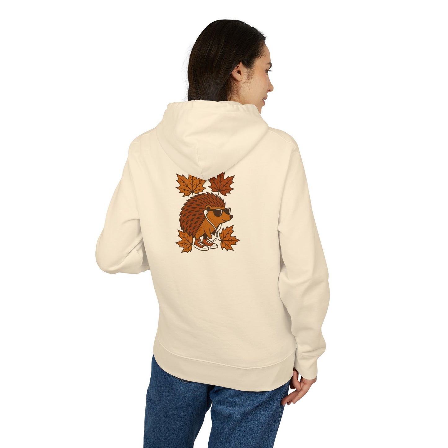 Herbst Igel Hoodie (Rückenprint) – Lustiger Kapuzenpullover mit Cartoon-Design, Sonnenbrille & Ahornblättern