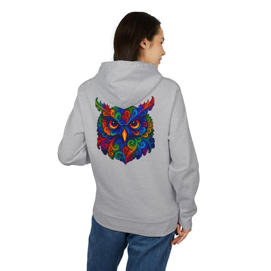 Bunter Eulen Hoodie (Rückenprint) – Psychedelischer Boho Kapuzenpullover mit Tiermotiv – Unisex Streetwear für Kunst- & Festival-Fans