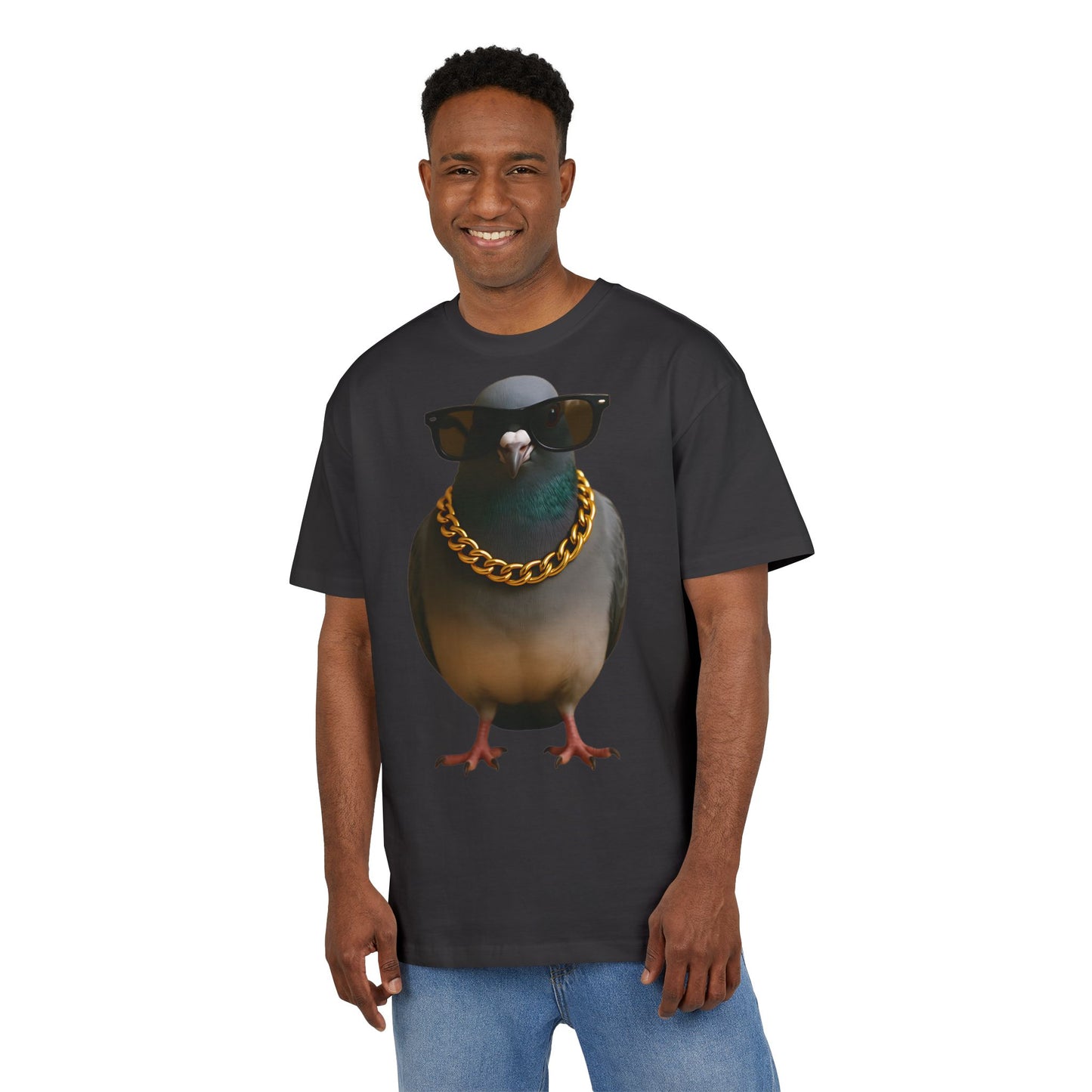 Streetstyle Taube T-Shirt (Brustprint) – Cooles Pigeon Design mit Sonnenbrille & Goldkette für Urban Vibes