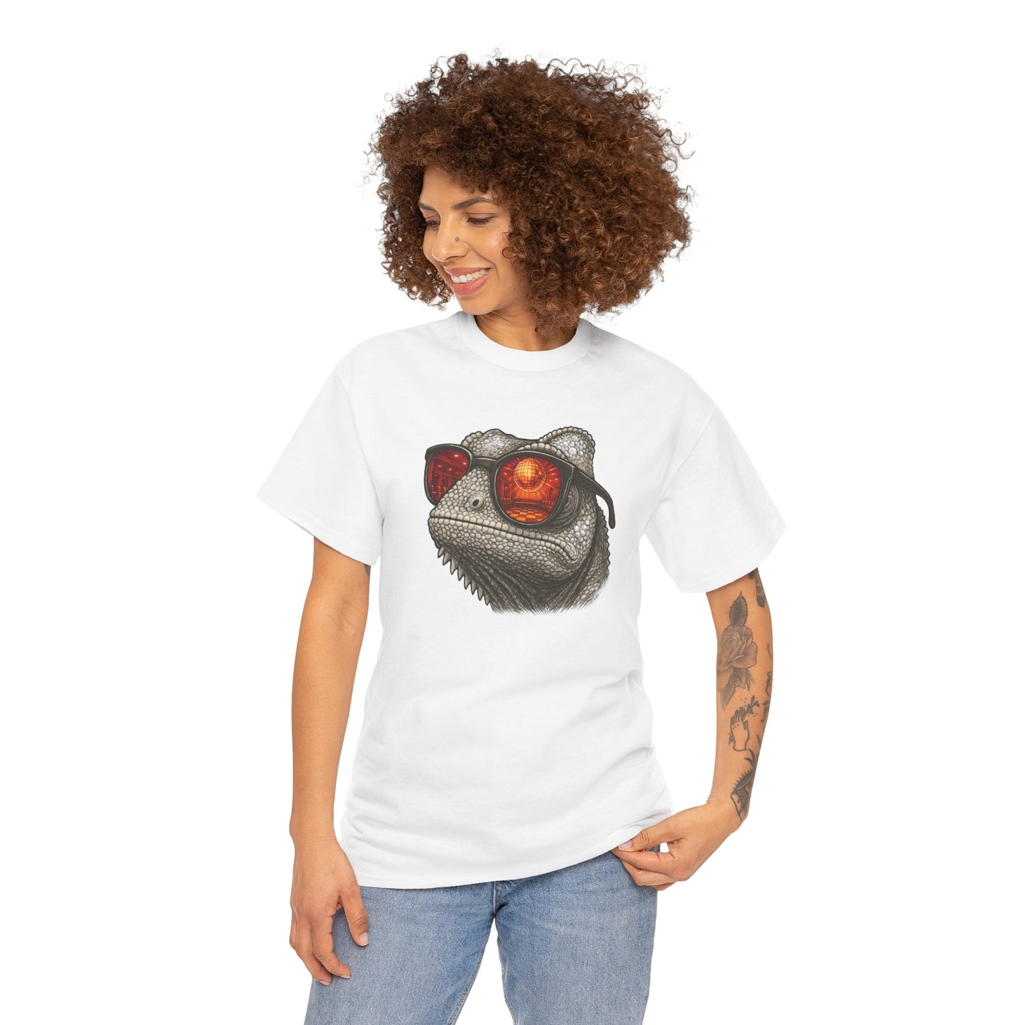 Chamäleon Disco T-Shirt (Brustprint) – Lustiges Tiermotiv mit Sonnenbrille | Retro Club Design für Tierfreunde & Festivalfans
