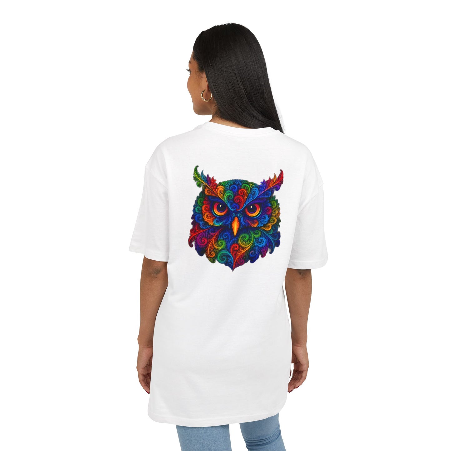 Buntes Eulen T-Shirt (Rückenprint) – Psychedelisches Tiermotiv im Boho-Stil – Unisex Shirt mit farbenfrohem, detailliertem Eulen-Design