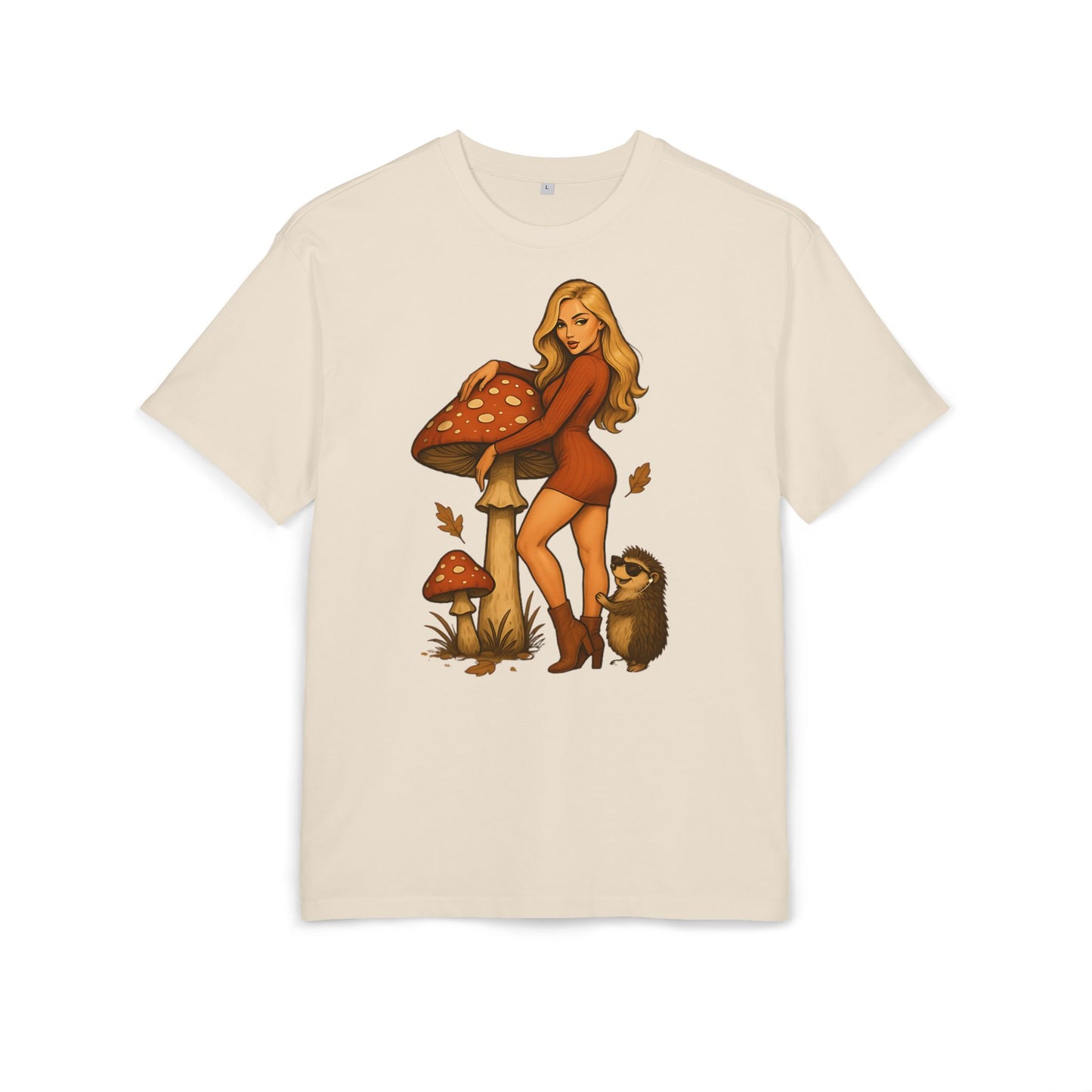Vintage Pilz Fee & Igel Cartoon (Brustprint) – Retro Waldmotiv T-Shirt für Natur- & Pilzliebhaber